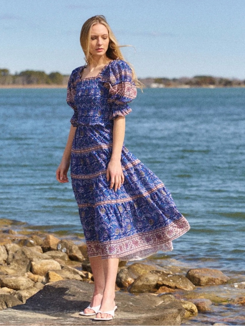 SEA Rosita Smocked Dress In Blue Floral Tiered Midi Dress with Puff Sleeve Sz L